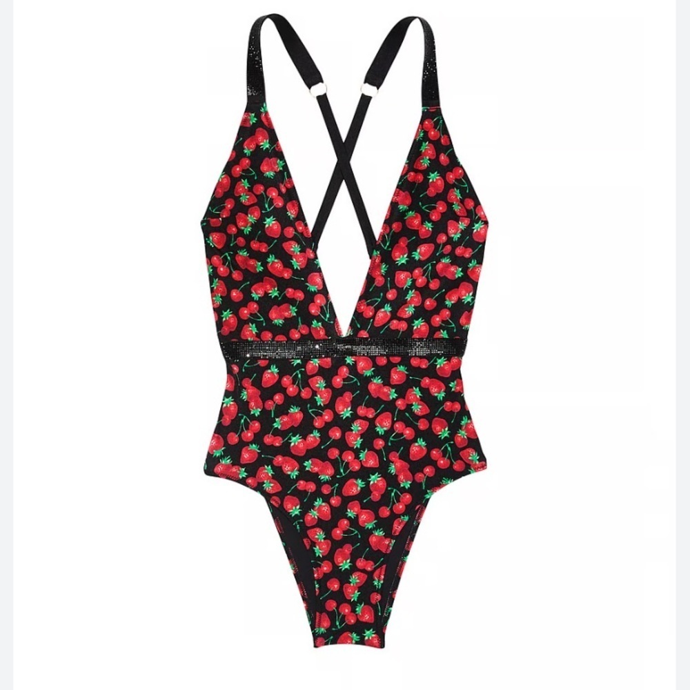 New! Victoria's Secret Strawberry Shine Strap Plunge Swimsuit 24724
